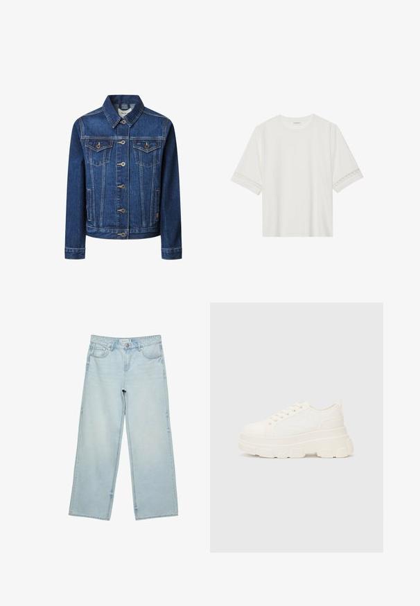 Traper jakna tamnoplave boje s klasičnim krojem, zatvaranjem na dugmad, dva džepa na grudima i kontrastnim žutim šavovima.; Bjela majica kratkih rukava od pamuka, s dekorativnom čipkastom obrubom duž rukava i okruglim izrezom.; Svijetloplave široke traperice s visokim strukom, s pet džepova i suptilnim izblijeđenjem. Ravnog kroja s obrubljenim rubovima.; Bijela platnena tenisica s debelim potplatom, zaobljenim vrhom i pet rupica za vezice. Stražnji tab za jednostavno obuvanje. Glatka tekstura, minimalistički dizajn.