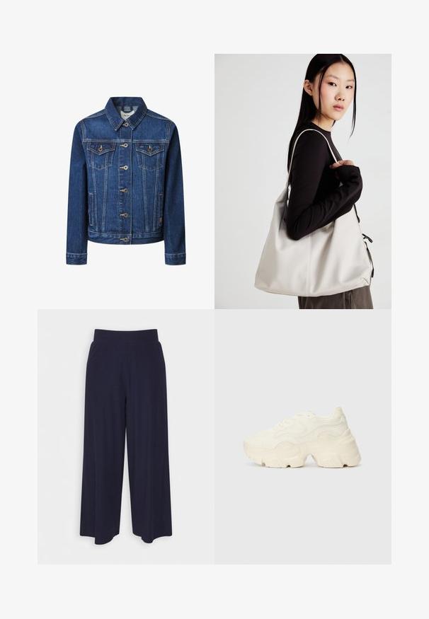 Denimjacka i mörkblått med klassisk passform, knäppning fram, två bröstfickor och kontrasterande gul sömnad.; Vit kortärmad t-shirt i bomull, med dekorativa spetsdetaljer längs ärmarna och rund halsringning.; Breda byxor i mörk marinblått tyg med ribbat mönster. Har en slät midjeband och en svängd silhuett som når till mitten av vadbenet.; Tjocka vita sneakers gjorda av texturerat mesh och syntetiska material, med en tjock sula och intrikata mönsterdetaljer längs sidorna.; Beige handväska tillverkad av mjukt material, med en avslappnad design, sydda detaljer och två axelremmar. Lämplig för dagligt bruk.