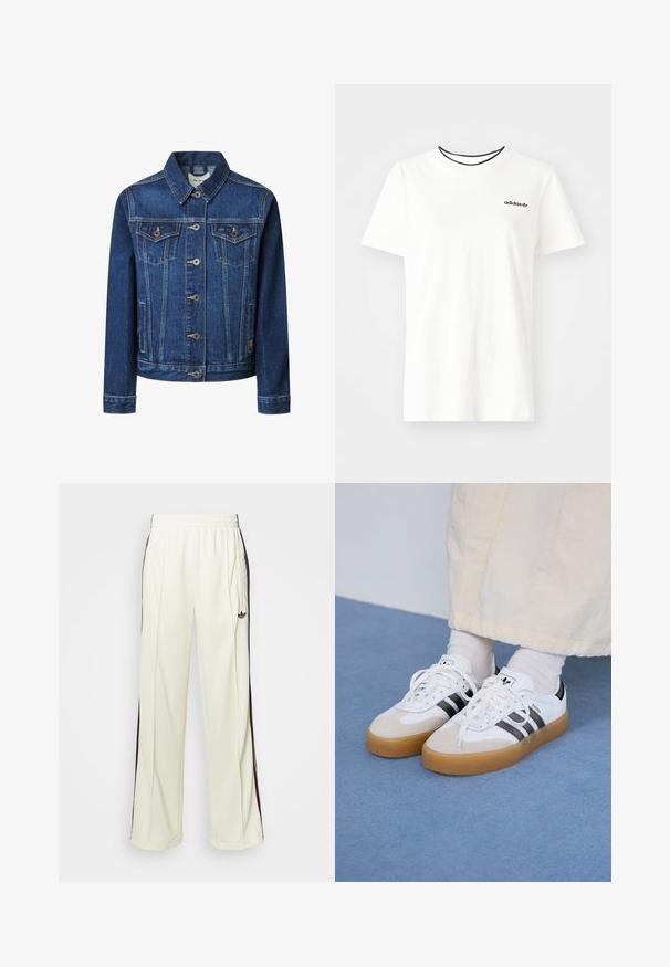 Giacca di jeans in blu scuro con taglio classico, chiusura a bottoni, due tasche sul petto e cuciture gialle a contrasto.; T-shirt bianca in cotone con maniche corte e scollatura rotonda. Presenta un logo Adidas nero sul petto e un colletto interno a contrasto nero.; Pantaloni sportivi color crema con vestibilità rilassata, caratterizzati da strisce laterali marrone scuro e un logo ricamato sulla coscia sinistra.; Sneakers bianche con strisce nere e accenti in suede beige. Presentano una suola in gomma texturizzata e lacci bianchi piatti, indossate con calzini di colore chiaro.