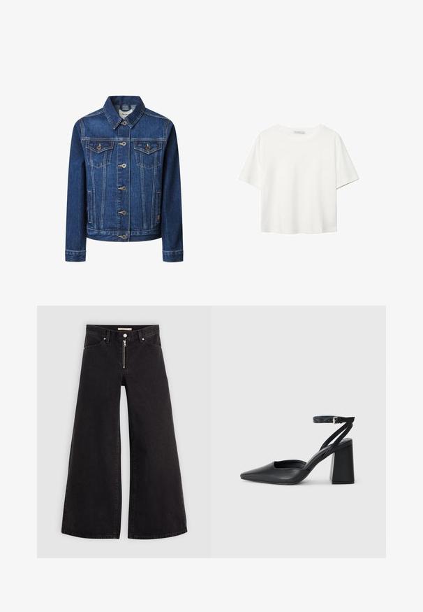 Džínová bunda v tmavomodrej farbe s klasickým strihom, zapínaním na gombíky, dvoma náprsními vreckami a kontrastným žltým prešívaním.; Biela krátkopsová tričko vyrobené z bavlny. Má okrúhly výstrih a voľný strih. Hladká textúra bez viditeľných vzorov alebo akcentov.; Dlhé nohavice vo voľnom strihu z čierneho denimu so zipsom vpredu, päť vrecúškovým dizajnom a jemnými stehovými detailmi. Hladká textúra a neformálny štýl.; Čierne kožené lodičky s špicatou špičkou a členkovým remienkom, s masívnym podpätkom. Hladký povrch, elegantný dizajn a minimalistická estetika.