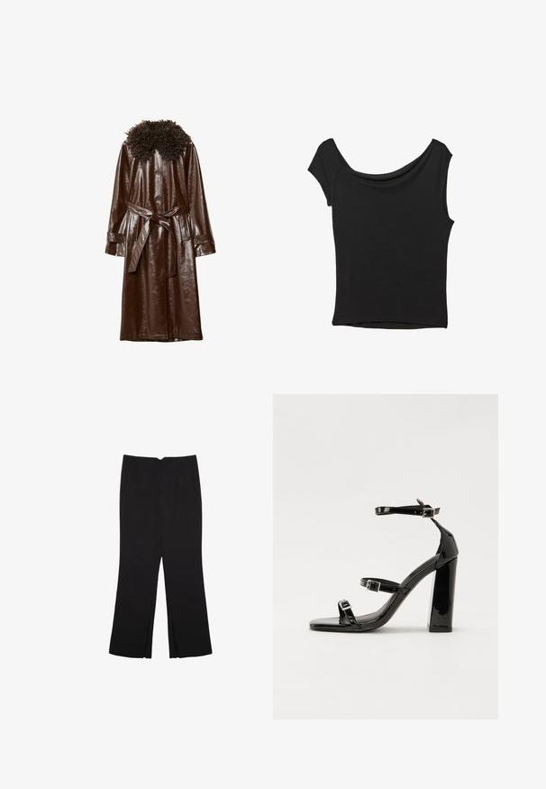 Brauner Lederjacke mit glänzender Oberfläche, ausgestattet mit einem lockigen, strukturierten Kragen, langen Ärmeln und einem passenden Gürtel in der Taille.; Schwarzes Kurzarmoberteil aus glattem Stoff; hat einen drapierten Ausschnitt und einen asymmetrischen Saum, mit einem figurbetonten Körper.; Schwarze Hose mit geradem Schnitt, ausgestattet mit Fronttaschen und Seitenschlitzen am Saum. Hergestellt aus weichem, glattem Stoff. Geeignet für verschiedene Anlässe.; Schwarze patentierte Sandalen mit Absatz, quadratischer Spitze, Knöchelriemen und silbernen Schnallen. Mit einem stabilen Blockabsatz für mehr Stabilität.