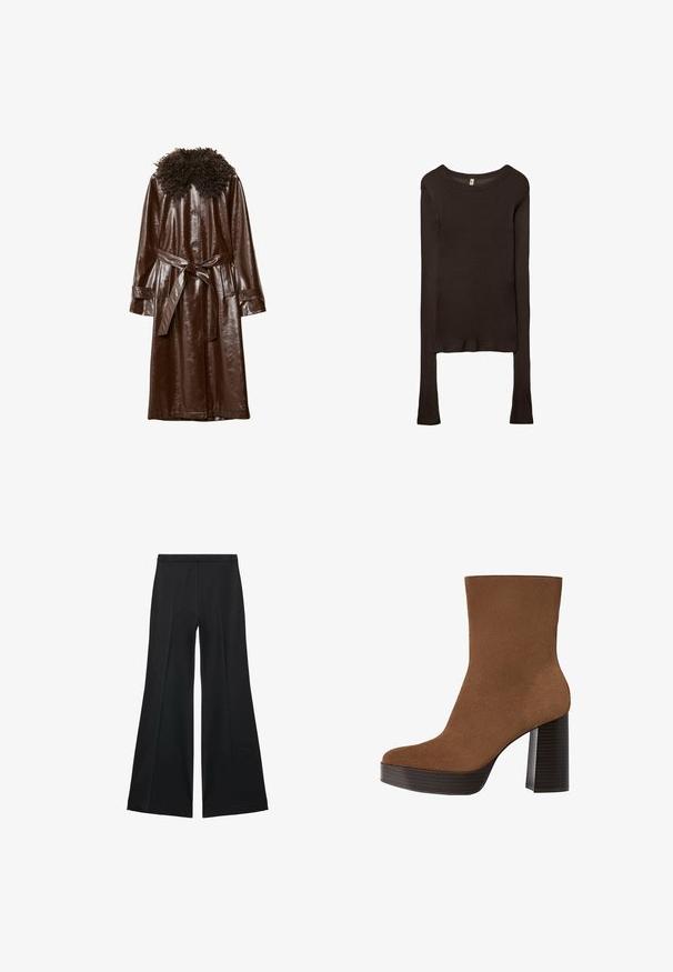 Cappotto in pelle marrone con finitura lucida, dotato di un colletto textured riccio, maniche lunghe e una cintura coordinata in vita.; Maglietta aderente a maniche lunghe realizzata in tessuto marrone scuro. Collo rotondo, superficie liscia e maniche leggermente allungate senza polsini.; Pantaloni neri a gamba larga con una texture liscia, caratterizzati da pieghe frontali e un design sartoriale. Il tessuto è leggero e fluido.; Stivale alla caviglia in suede marrone con punta arrotondata, tacco spesso a strisce nere e superficie liscia. Caratterizzato da un design aderente senza hardware visibile.