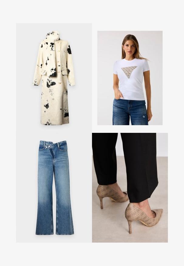 Button-up coat in soft faux fur, cream with black spots, featuring a high collar and matching scarf. Two front pockets and relaxed fit.; White fitted t-shirt featuring a triangular patterned accent in beige with intricate details. Soft fabric and short sleeves.; Light blue denim flared jeans with a high waist, featuring two buttons and front pockets. Fabric has a faded texture with subtle variations.; Beige high-heeled shoes with a textured fabric featuring a repeating pattern. Pointed toe design with a back accent and gold heel detail.