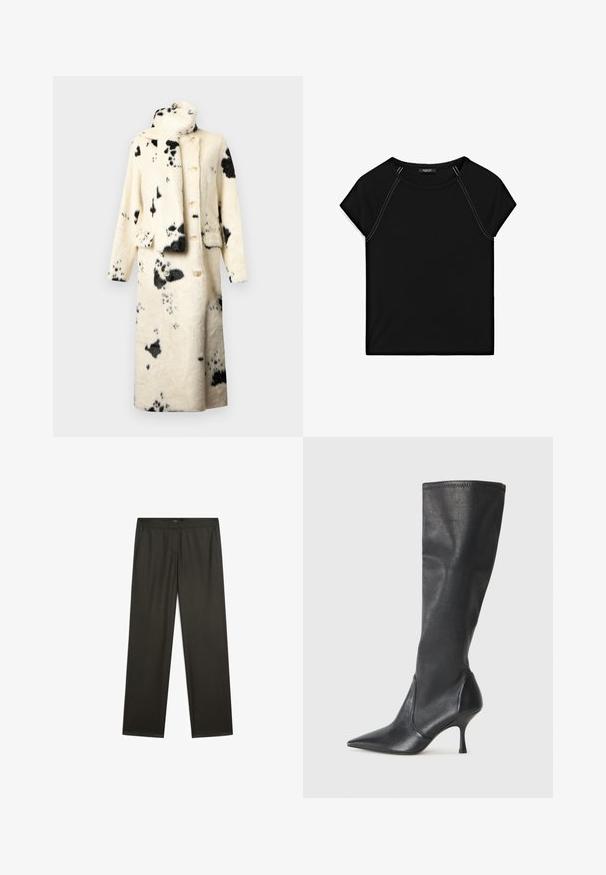 Button-up coat in soft faux fur, cream with black spots, featuring a high collar and matching scarf. Two front pockets and relaxed fit.; Black short-sleeve top featuring a round neckline and contrast white stitching along the shoulders and sides. Soft, smooth fabric.; Dark green, wide-legged trousers with a smooth texture, elastic waistband, and side pockets. Simple design with no visible patterns or hardware.; Knee-high black leather boots with a pointed toe and a slim stiletto heel. Smooth texture with a fitted design and stitching at the top edge.
