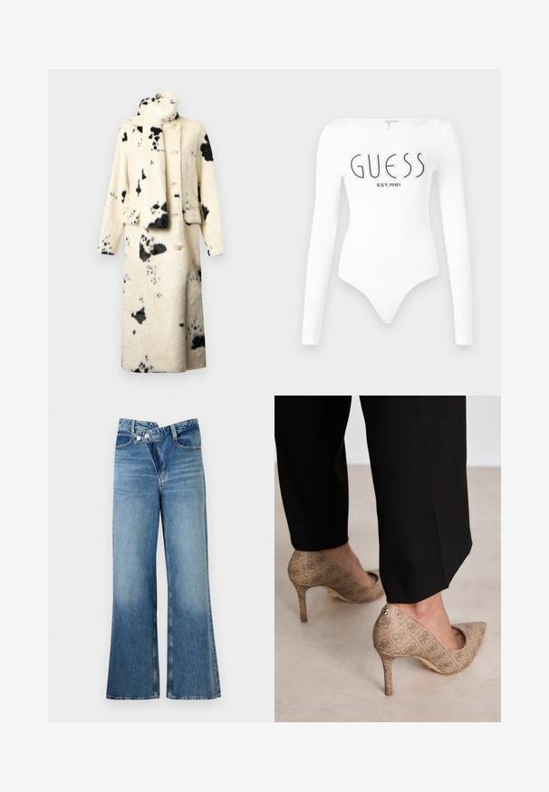 Mygtukų paltas iš švelnios dirbtinės kailio, kreminės spalvos su juodomis dėmėmis, turintis aukštą apykaklę ir atitinkamą šaliką. Dvi priekinės kišenės ir laisvas siluetas.; Baltos ilgomis rankovėmis bodis su apvaliu iškirpimu. Priekyje juodu spalva yra atspausdinta "GUESS" logotipas ir "EST.1981". Lygus paviršius.; Šviesiai mėlynos džinsinės kelnes platėjančios apačios, aukštu liemeniu, su dviem saga ir priekinių kišenių detalėmis. Medžiaga turi išblukusį tekstūrą su subtiliais skirtumais.; Smėliniai aukštakulniai bateliai su tekstūruotu audiniu, kuriame yra pasikartojanti tekstūra. Išgaubtas pirštas, su užpakaline akcentu ir auksiniu kulno detaliu.