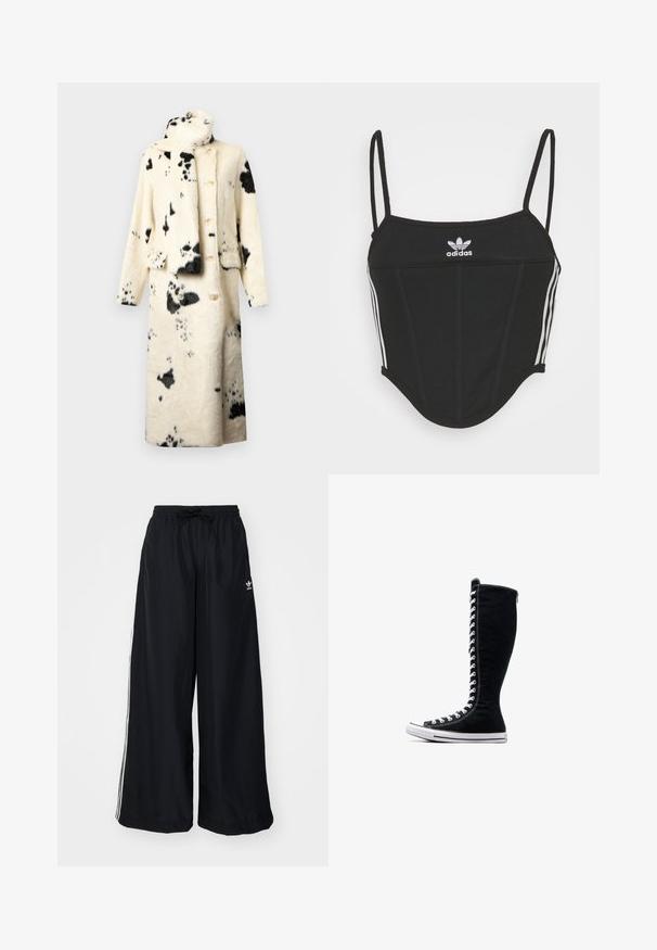 Knoopjass in zachte nepbont, crème met zwarte vlekken, met een hoge kraag en bijpassende sjaal. Twee voorzakken en een ontspannen pasvorm.; Zwarte geribbelde crop top met verstelbare dunne bandjes, voorzien van drie witte strepen aan de zijkanten en een klein wit Adidas-logo in het midden.; Zwarte wijde pijpen broek gemaakt van lichtgewicht stof. Heeft een elastische tailleband met een trekkoord en witte zijstrepen. Merklogo op de heup.; Zwarte hoge sneakers met een hoge ontwerp, gemaakt van canvas. Beschikken over witte veters, stiksels en een rubberen zool met een neuskap.