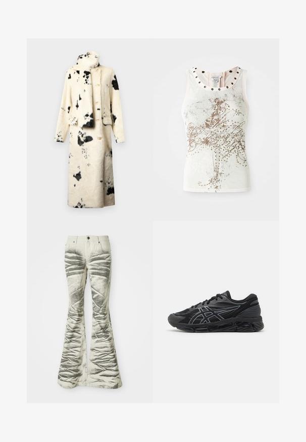 Hřejivý kabát se zapínáním na knoflíky z měkkého umělého kožešiny, krémový s černými skvrnami, s vysokým límcem a odpovídající šálou. Dva přední kapsy a volný střih.; Bezramenný top světle barvy s dekorativními zlatými vzory a hřebíkovými detaily kolem výstřihu. Hladká, měkká textilie.; Světlé zvonové džíny s texturovanými černými horizontálními pruhy a vrásčitou úpravou, s předními kapsami a kovovým zapínáním na knoflík.; Pánské běžecké boty z černé síťoviny s reflexními stříbrnými akcenty, vybavené polstrovanou podešví a texturovaným povrchem pro lepší grip.