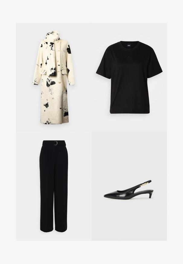 Gombos kabát puha műszőrme anyagból, krémszínű fekete foltokkal, magasan záródó gallérral és hozzáillő sállal. Két elülső zseb és laza fazon.; Fekete pamut póló kerek nyakkivágással, rövid ujjakkal és hímzett logóval a mellkasán. Egyszerű, laza szabás, minta nélkül.; Fekete, testre szabott nadrág, széles szárű sziluettel, ezüst csattal ellátott övvel, pliszékkel és sima textúrával.; Fekete bőr slingback magassarkúk, hegyes orral, vékony sarkakkal és arany színű részlettel a állítható pánton. Simа felület.