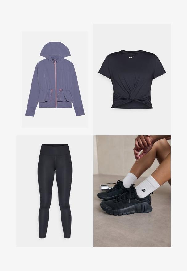 Ljuslila jacka med huva, prydd med en rosa dragkedja och dragsko i midjan. Slät textur och avslappnad passform, med subtila sömdetaljer.; Svart atletisk t-shirt i mjukt tyg, med en knuten framdesign och en liten vit Nike-logga på bröstet.; Svarta leggings gjorda av ett smidigt, elastiskt tyg. Hög midja utan synliga mönster eller detaljer. Sitter tätt från midjan till anklarna.; Svarta sportskor med texturerat tyg, snörning och en framträdande sula, tillsammans med vita ribbade strumpor med en liten logotyp.