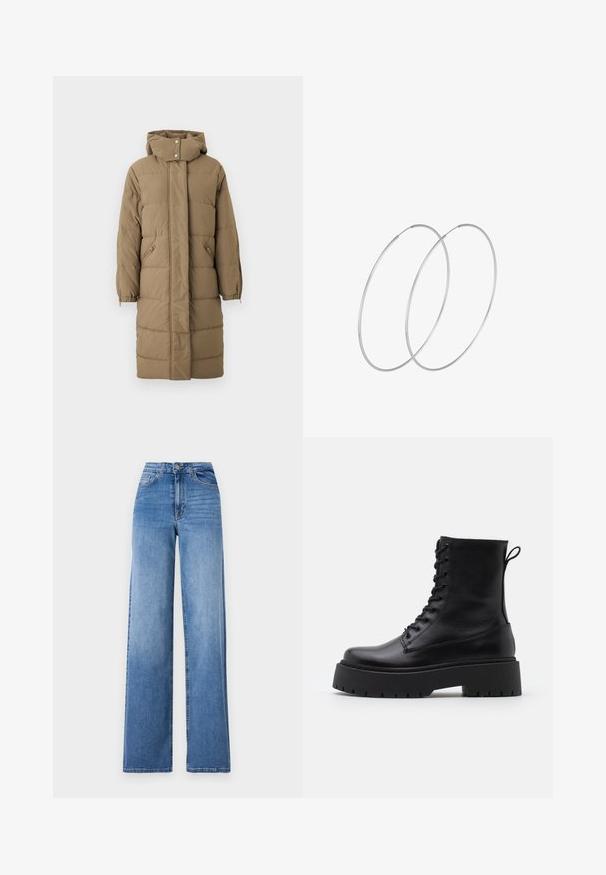 Khačasta puf jakna s kapuljačom, prednjim patentnim zatvaračem i kopčanjem na dugmad, koja ima dva bočna džepa i elastične manžete. Glatka tekstura s kviltanom uzorkom.; Vero Moda VMNEWCREAM FUNNELNECK PULLOVER - Vesta - black/birch; Svijetloplavi široki traperice izrađene od denima, s visokim strukom, prednjim džepovima i standardnim kopčanjem na dugme. Glatka tekstura.; Crne kožne gležnjače s okruglim vrhom, vezanjem sprijeda i debelim gumenim potplatom s teksturiranim uzorkom. Tipa: traka za vuču na stražnjoj strani.; Srebrne okrugle naušnice s minimalističkim dizajnom. Kružni oblik, glatka tekstura i tanak profil. Lagane s poliranim završetkom.