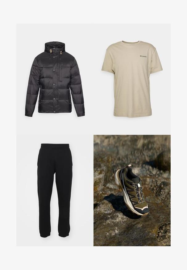 Icepeak MENTOR - Ziemas jaka - black; Bežs kokvilnas T-krekls ar īsām piedurknēm, apaļu kakla izgriezumu un mazu melnu logotipu kreisajā krūšu pusē. Gluda tekstūra, ikdieniška dizains.; Melnas sporta bikses, izgatavotas no kokvilnas maisījuma, ar elastīgu jostu, sašaurinātām kājām un ribotām aprocēm pie potītēm. Vienkāršs dizains, bez rakstiem.; Tūrisma apavi olīvzaļā un melnā krāsā ar rozā akcentiem. Iespējas ietver teksturētu virsu, elastīgu zoli, pastiprinātu purngalu un krāsainu šņorējuma sistēmu.