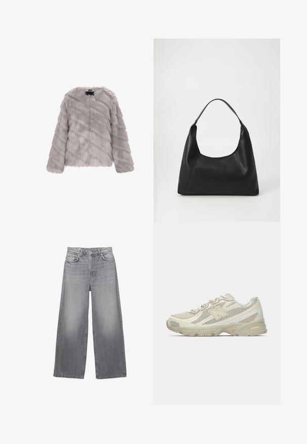 Sivá umelá kožušinová bunda s dlhými rukávmi, okrúhlym výstrihom a predným zipsom. Má hladkú, jemnú textúru a nerovnomerný pruhovaný vzor.; Sivý pletený svetrom s okrúhlym výstrihom a dlhými rukávmi, s rebrovanými manžetami a spodným lemom, položený na bielom pozadí.; Šedé džíny so širokými nohavicami a vysokým pásom, s piatimi vreckami, vyšúchaným povrchom a kontrastným šitím. Obsahujú zapínanie na gombíky a pútka na opasok.; Ľahké tenisky s vrchom z jemnej sieťoviny v béžovej a krémovej farbe, s výrazným logom "N", polstrovanou podrážkou a štruktúrovanými akcentmi.; Čierna kožená taška s oblým madlom, hladkým povrchom a minimalistickým dizajnom. Obsahuje ostré strany a široké otváranie.
