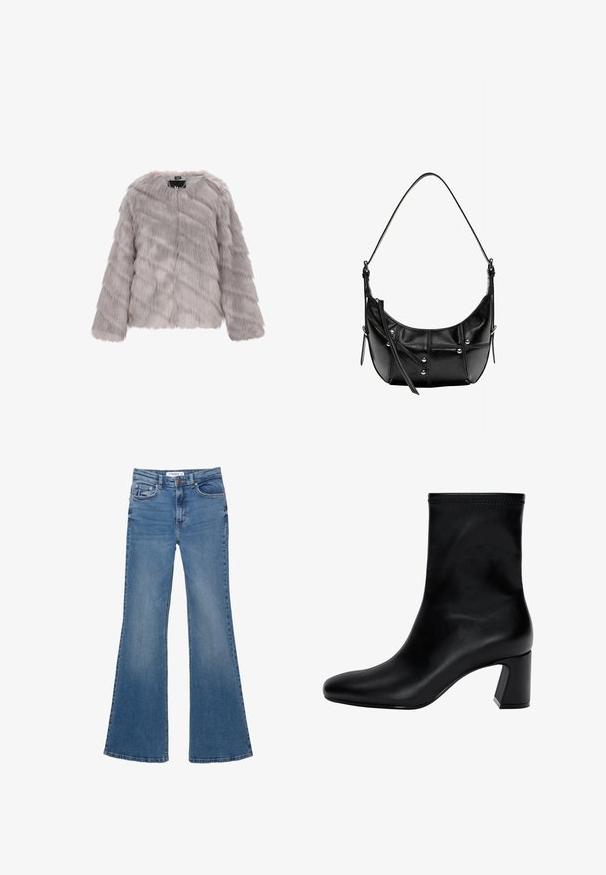 Jachetă din blană artificială gri, cu mâneci lungi, decolteu rotund și închidere prin fermoar frontal. Prezintă o textură netedă și moale, cu un model în dungi inegale.; Pulover albastru deschis, realizat dintr-un material moale, cu guler rotund, mâneci lungi și manșete și tiv cu nervuri. Textură netedă, design casual.; Blugi de denim albastri, cu fundă evazată, cu buzunare pe față și pe spate, cu turele pentru curea și închidere cu buton, așezați pe un fundal alb.; Cizmă neagră până la gleznă, fabricată din piele netedă. Prezintă un vârf pătrat, partea de sus elastică și un toc masiv pentru stabilitate. Design minimalist.; Geantă de umăr din piele neagră cu o formă curbată, având accesorii din metal argintiu și detalii de cusătură. Curea ajustabilă pentru versatilitate.