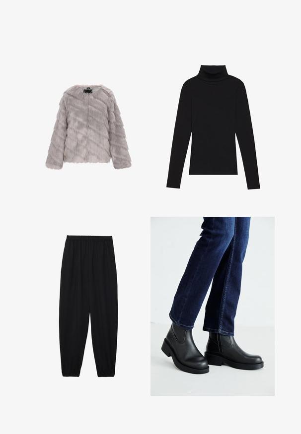 Chaqueta de pelaje sintético gris con mangas largas, cuello redondo y cierre frontal de cremallera. Presenta una textura suave y lisa con un patrón de rayas desiguales.; Top de manga larga de cuello alto negro, hecho de tela de canalé, presenta un diseño ajustado con un cuello alto y sin patrones ni acentos.; Pantalones negros, ligeros, con cintura elástica y tobillos fruncidos. La tela es suave y presenta un diseño relajado y ajustado.; Botas de tobillo de cuero negro con suela gruesa y paneles elásticos laterales, combinadas con jeans azul oscuro. El suelo es de color claro.