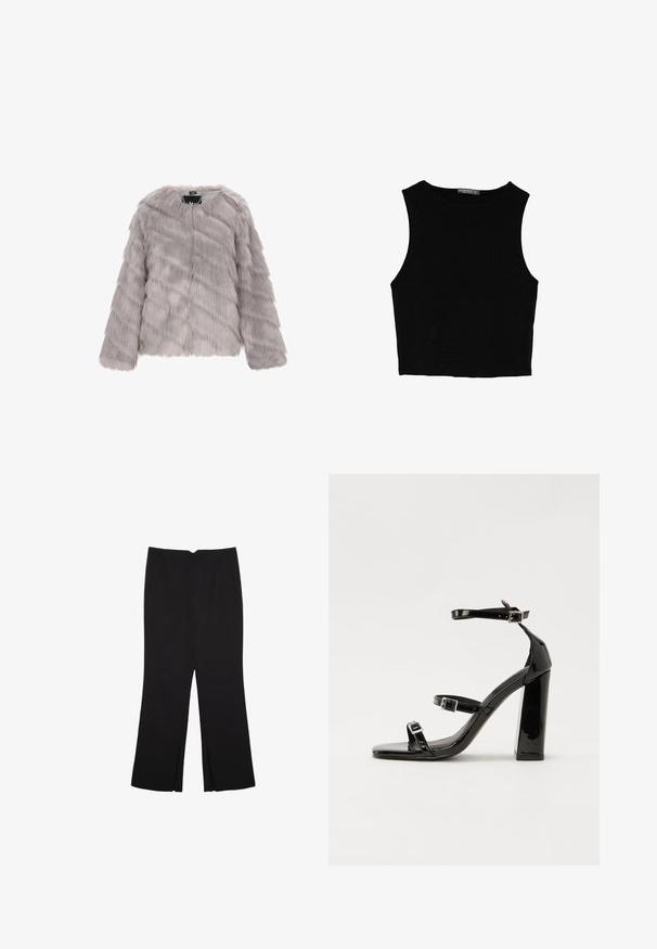 Graue Kunstpelzjacke mit langen Ärmeln, einem runden Ausschnitt und einem Reißverschluss vorne. Verfügt über eine glatte, weiche Textur und ein unregelmäßiges Streifenmuster.; Schwarzes ärmelloses Crop-Top aus glattem Stoff, mit rundem Ausschnitt und einem klaren, schlichten Design ohne Muster oder Beschläge.; Schwarze Hose mit geradem Schnitt, ausgestattet mit Fronttaschen und Seitenschlitzen am Saum. Hergestellt aus weichem, glattem Stoff. Geeignet für verschiedene Anlässe.; Schwarze patentierte Sandalen mit Absatz, quadratischer Spitze, Knöchelriemen und silbernen Schnallen. Mit einem stabilen Blockabsatz für mehr Stabilität.