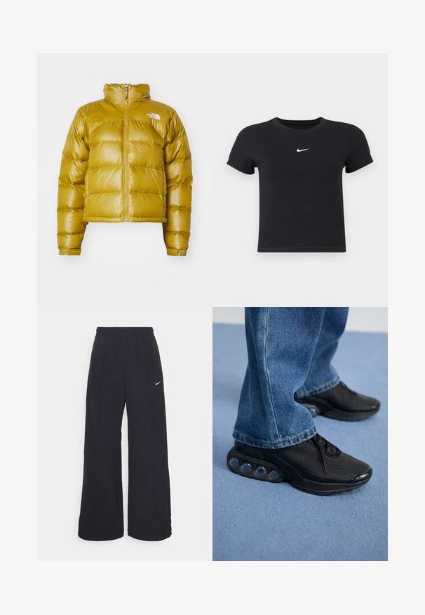 Žuta podstavljena jakna s visokim ovratnikom, prednjim patentnim zatvaračem i logotipom na grudima. Ima prešane dijelove i elastične manžete za toplinu.; Črna kratka majica z rokavi iz bombaža s krožnim vratnim izrezom. Ima bel Nike logotip na prsih, minimalističen dizajn in oprijet kroj.; Črne široke hlače s elastiko v pasu in malim belim logotipom Nike. Tkanina ima gladko teksturo, zasnovano za udobje in sproščeno nošenje.; Črne športne superge z mrežastim zgornjim delom, teksturiranimi poudarki in vidnimi zračnimi blazinicami v podplatu. Obute z modrimi kavbojkami.