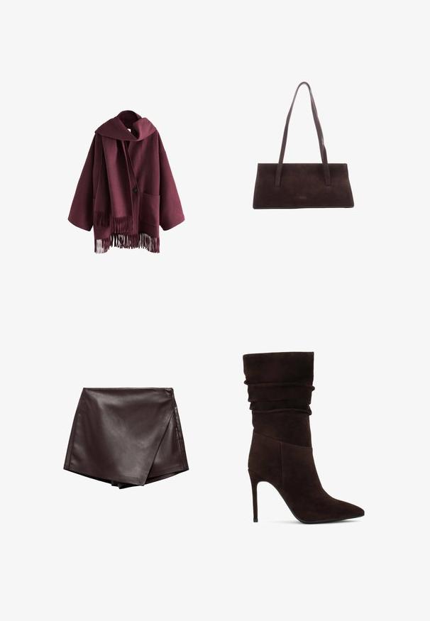 Bordeauxkleurige wollen jas met grote sjawl kraag, lange mouwen, voorste knoop en twee zakken. De zoom heeft franjes voor extra textuur.; Bruine off-the-shoulder top met lange mouwen, met een gedraaid stofontwerp en een zilveren hartvormige accent bij de hals.; Bruine faux leren wikkelrok met een gladde textuur en diagonale snit, met schone randen en een zijrits voor sluiting.; Bruine suède enkellaars met een slouchy bovenkant, puntige neus en hoge stiletto-hak. Heeft een gestructureerd oppervlak en een soepele silhouet.; Bruine suède handtas met een rechthoekige vorm, twee lange handvatten en minimale stiksels. Gladde textuur zonder zichtbare hardware of versieringen.