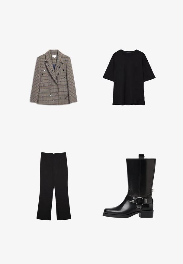 Double-breasted blazer in houndstooth pattern, featuring shades of brown and blue, adorned with decorative sequins and two front pockets.; Black cotton T-shirt with a relaxed fit, short sleeves, rounded neckline, and a smooth texture. No visible patterns or accents.; Black trousers with a straight fit, featuring front pockets and side slits at the hem. Made of soft, smooth fabric. Suitable for various occasions.; Black leather knee-high boot with a pointed toe, silver buckle accents, and a chunky heel. Features a pull tab for easy wear.
