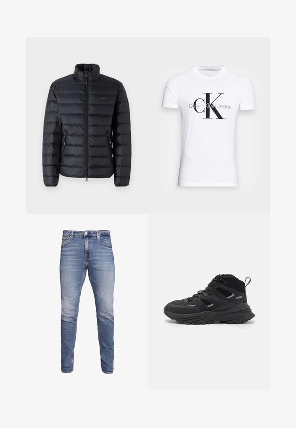 Crna podstavljena jakna s visokim ovratnikom, s horizontalnim šavovima, patentnim zatvaračem na džepovima i logom na lijevoj prsnoj strani. Lagani materijal.; Bijela pamučna majica s crnim "CK" logotipom i natpisom "Calvin Klein Jeans", kratki rukavi i klasičan okrugli izrez.; Plave slim-fit traperice s pet džepova, izblijedjeli završetak, zatvaranje na gumba i petlje za remen, prikazane na bijeloj pozadini.; Crne planinarske cipele s višeslojnim dizajnom, teksturiranom tkaninom i gumenenim potplatom, s ojačanim dijelovima i vezicama sprijeda.