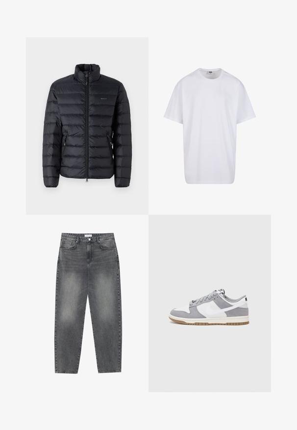 Juodas paminkštintas švarkas su aukštu apykakle, turintis horizontalių siūlių, užtrauktuko kišenių ir logotipą ant kairiajame krūtinės pusėje. Lengvas audinys.; Balta medvilninė marškinėlių užsagėlė su trumpomis rankovėmis, apvaliu kaklu, laisva forma ir be matomų logotipų ar raštų. Lygi tekstūra ir minimalus dizainas.; Aukštai juosmeniu, laisvai krentančios džinsai iš blukusių juodų džinsų. Savybės: penki kišenės, diržo kilpos ir švari, tiesi kojų dizainas.; Pilka ir balta sportinė avalynė su zomšiniu ir odiniu viršumi, suapvalintu pirštu, plokščiomis raištelėmis ir guminėmis padais su guminiu akcentu.