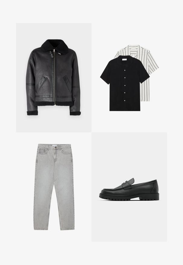 Casaco de pele preto com um colarinho peludo preto, fecho de zip, bolsos laterais e detalhes texturizados nas mangas e na bainha.; Duas camisas de manga curta: uma preta sólida e uma branca com riscas verticais pretas. Ambas possuem fecho de botões e um colarinho clássico.; Calças de ganga cinza claro com um design de perna reta, estilo de cinco bolsos e fecho com botão. Costura visível ao longo das costuras.; Sapatilhas de couro preto com bico arredondado, apresentando um design cosido, sola de plataforma baixa e um solado de borracha texturizado e com cravos.