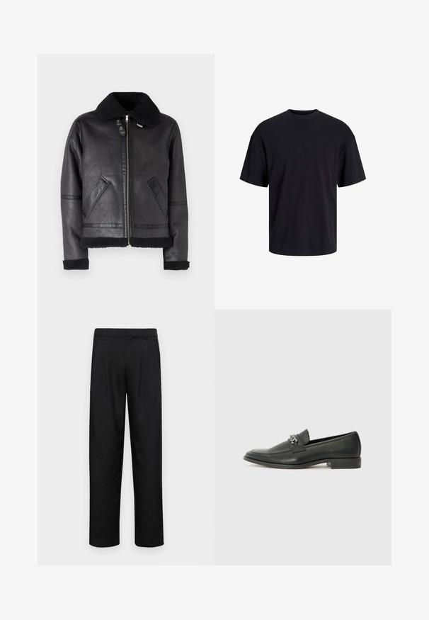 Mustast nahast jakk, millel on pehme must krae, lukuga sulgemine, küljetaskud ning tekstuursete detailidega varrukad ja äär.; Must must on mustre, lühikeste varrukatega ja vabalt langev. Sile tekstuur ja ilma nähtavate mustrite või aktsentideta.; Mustad mustadest riietest, millel on sirge jalgade disain, kaks eesmist voltimist ja tavaline vöökoht, millel on vöökohad.; Must haveate nahkking punased, millel on sile viimistlus, tikitud muster ja dekoratiivne metallkett vampi üle. Tasane konts.