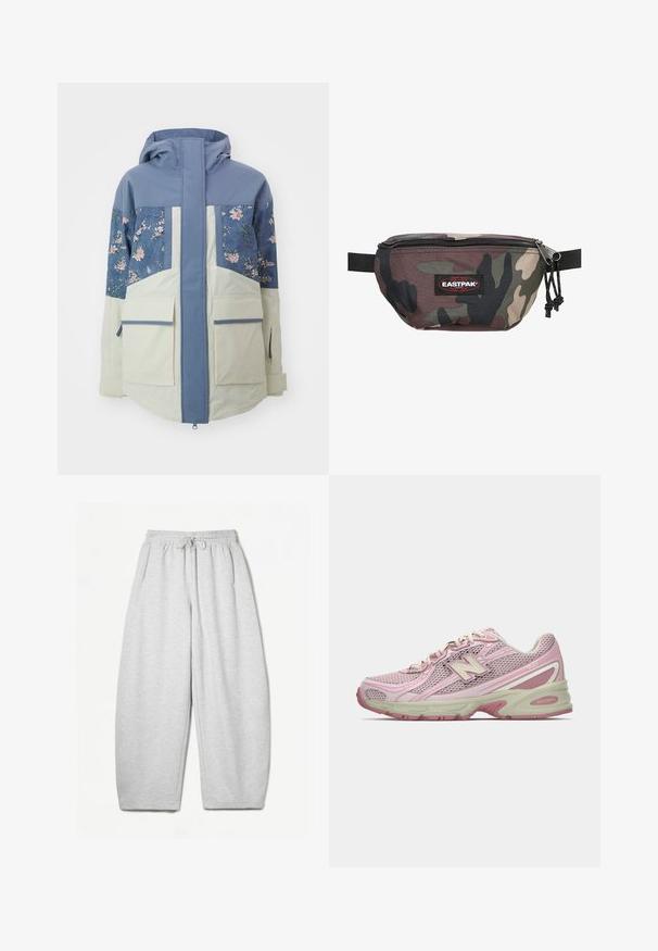Huvjacka med en ljusblå övre del, blommönstrade paneler och en krämfärgad nedre del med två stora framfickor.; Fleece-pullover med teal och marinblå ränder, halvdragkedja, framficka, ihop med en brun kjol och mönstrade gröna strumpor.; Ljusgrå sweatpants med avslappnad passform, elastiskt midjeband, dragsko och sidofickor; tillverkade av mjukt, texturerat tyg.; Rosa och beige New Balance 740-sneaker med överdel i mesh och syntetmaterial, snörning och dämpad sula, visad i sidoprofil.; Kamouflage midjeväska tillverkad av hållbart tyg, med dragkedjestängning, justerbar rem och en röd Eastpak-logotyp på framsidan.