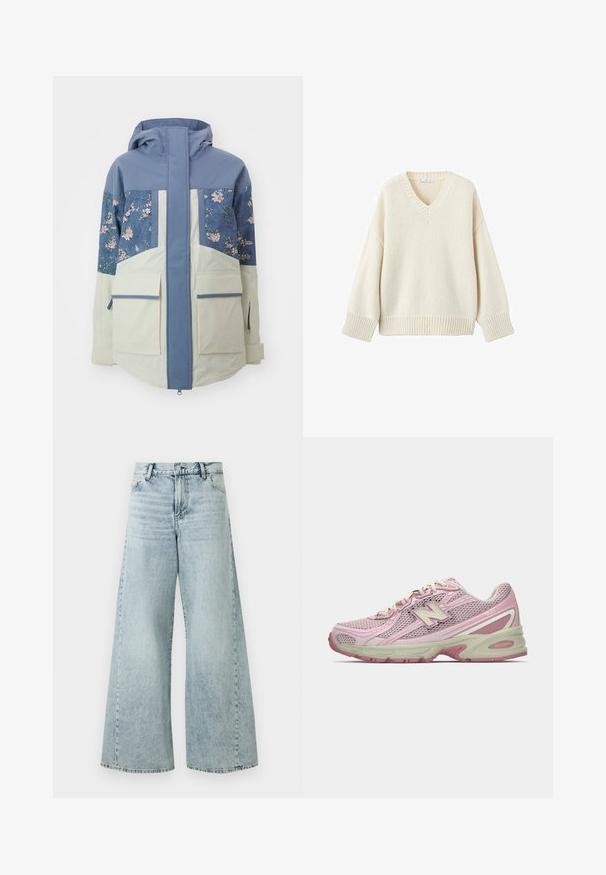 Huppari, jossa on vaaleansininen yläosa, kukkakuosiset paneelit ja kermaharmaa alaosa, sekä kaksi suurta etupuolella olevaa taskua.; V-pääntie vaalea neulepusero, jossa on ribbien helmassa ja hihoissa, neulottu pinta, rento malli ja laskeutuvat olkapäät lisäämään mukavuutta.; Vaaleansinisiä farkkuja, joissa on leveä lahje ja korkeampi vyötärö. Farkuissa on nappisuljenta, viisi taskua sekä risat helma-yksityiskohdat.; Vaaleanpunaiset ja beigeet New Balance 740 -lenkkarit, joissa on verkkokangas ja synteettinen päällinen, nauhakiinnitys ja pehmustettu pohja, esitettynä sivuprofiilissa.