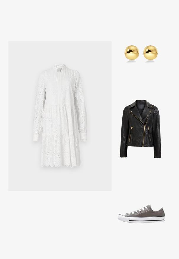 Mustad nahast mootorrattajope kuldsete detailidega, millel on ebaühtlane lukustus, mitmed lukuga taskud ja krae.; Valge pikkade varrukatega kleit, millel on augustikujundus, kõrge kaelus ja kihiline seelik. Omab sakilist ääre ja kerget kogumist vööl.; Hallatud hall kangast spordijalats valge kummist tallaga, musta triibuga ja metallist silmadega. Omab ümarat varvastes, madalat disaini ja tekstuurset kangast.; Kuldsetest sfäärilistest kõrvarõngastest, millel on läikiv ja peegelduv pind. Disain on lihtne ja sile, luues kaasaegse ning minimalistliku ilme.