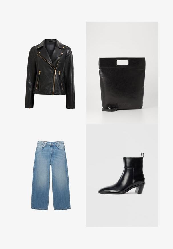 Svart lädermotorcykeljacka med guldhardware, med asymmetrisk dragkedjeöppning, flera dragkedjefickor och krage.; Svart stickad tröja med rund halsringning, långa ärmar och en cropped design. Tillverkad av ett mjukt material med en slät yta.; Ljusblå vida jeans i denim, med en klassisk femfickdesign och knappstängning. Urblekt textur genom hela plagget.; Svart läderankelboot med spetsig tå, geometrisk staplad klack och dragflik på baksidan. Slät textur och eleganta linjer.; Svart läder tote-väska med ett fyrkantigt handtag, med en texturerad yta och präglad logotyp. Inkluderar en avtagbar rem.