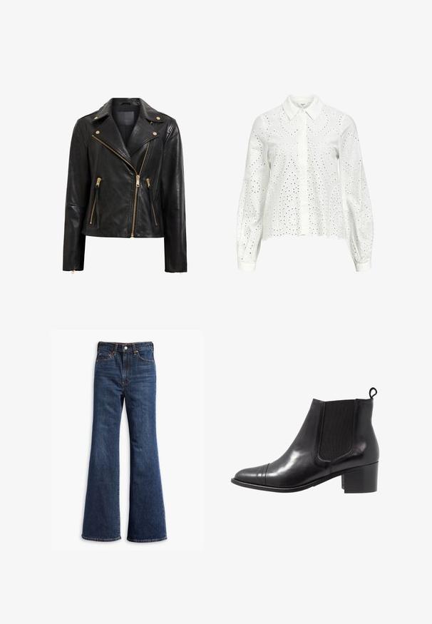 Crna kožna motorista jakna s zlatnim hardverom, koja se odlikuje asimetričnim zatvaranjem na patentni zatvarač, više džepova na patentni zatvarač i ovratnikom.; Bijela košulja dugih rukava s ovratnikom, s izvezenim očima u paisley uzorku i dugmadima po cijelom prednjem dijelu.; Traperice tamnoplave boje s visokim strukom, širokim nogavicama, prednjim kopčanjem na dugme i patentni zatvarač, te dizajnom s pet džepova.; Crne kožne gležnjače s elastičnim bočnim panelima, okruglim vrhom i teksturiranim blokom pete. Imaju petlju za povlačenje straga za jednostavno obuvanje.