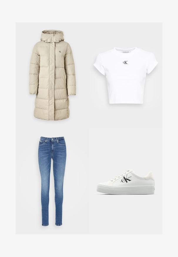 Bežs pildīts mētelis ar kapuci, ar priekšējo rāvējslēdzēju un aizdari ar pogām, kviltota konstrukcija, logo uz krūtīm un sānu kabatām.; Balta īsa krekla versija, izgatavota no ribota auduma. Tam ir apaļa kakla izgriezums un īsas piedurknes. Uz krūtīm melns izšūts "cK" logo.; Šauri džinsi vidēji zila džinsa audumā, kas iezīmējas ar augstu jostasvietu, gludu tekstūru, divām frontālām kabatām un vienu aizmugurējo kabatu.; Baltās platformas kedas ar gludu sintētisku augšdaļu, tonalitātes auklām un melnu logo. Paaugstinātā gumijas zole ir aprīkota ar horizontālām rievām, lai nodrošinātu saķeri.
