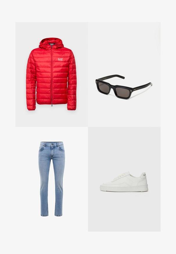 EA7 Emporio Armani TRAIN CORE LIGHT JACKET - Dunjakke - salsa; Svart kortermet t-skjorte laget av bomull. Har rund hals og en klassisk passform. Ingen synlige mønstre eller hardware-innslag.; Lyseblå denimjeans med slim fit, fem lommer og rett bendesign. Har glidelås og beltehemper. Myk tekstur.; Hvite lærersneakers med en jevn overflate, rund tå, flate lisser og en teksturert såle. Har en subtil logo på hælen.; Sorte rektangulære solbriller med mørke linser, tykk plastikkramme, gullaccenter på skulderpartiet og merkevarelogo gravert på armen.