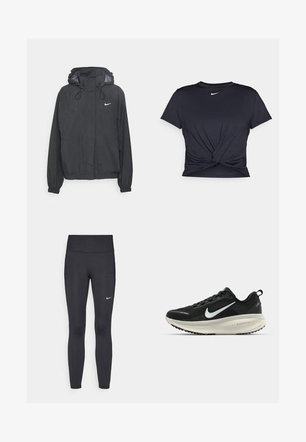 Black hooded windbreaker jacket made of lightweight material featuring elastic cuffs, a drawstring hood, and a small white logo on the chest.; Black athletic t-shirt made of smooth fabric, featuring a knotted front design and a small white Nike logo on the chest.; Black leggings made of stretchy fabric, featuring a high waistband and a white Nike logo on the left thigh. Smooth texture, form-fitting design.; Black Nike running shoe with breathable mesh upper, white swoosh logo, textured detailing, and a cream-colored ZoomX midsole.