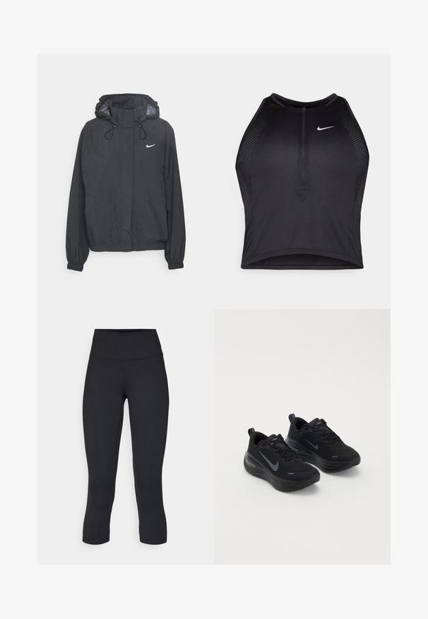 Giacca a vento nera con cappuccio, realizzata in materiale leggero, con polsini elasticizzati, cappuccio regolabile tramite cordino e un piccolo logo bianco sul petto.; Top corto atletico nero con zip frontale, dettagli in rete e un design aderente. Realizzato in tessuto elasticizzato e traspirante. Logo Nike sul davanti.; Leggings cropped neri realizzati in tessuto elasticizzato, con vita alta e texture liscia, senza motivi o componenti visibili.; Scarpe sportive nere con una parte superiore testurizzata, design con lacci e suola spessa e ammortizzata. Presenta il logo Nike grigio su ciascun lato.