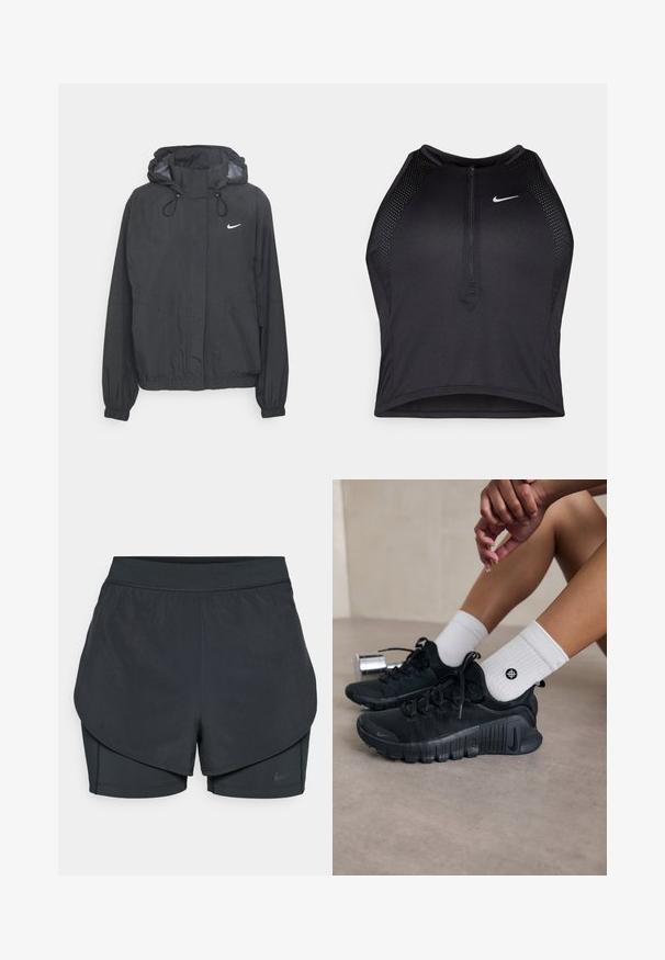 Czarna wiatrówka z kapturem, wykonana z lekkiego materiału, z elastycznymi mankietami, kapturem ze sznurkiem oraz małym białym logo na piersi.; Czarny sportowy crop top z zamkiem z przodu, z siateczkowymi akcentami i dopasowanym krojem. Wykonany z elastycznego, oddychającego materiału. Logo Nike z przodu.; Czarne spodenki sportowe z warstwowym krojem, z gładką zewnętrzną warstwą i dopasowanymi wewnętrznymi spodniami. Wykonane z lekkiej, elastycznej tkaniny.; Czarne buty sportowe z teksturowanej tkaniny, z warkoczowym wzorem i wyraźną podeszwą, w zestawie z białymi skarpetami prążkowanymi z małym logo.