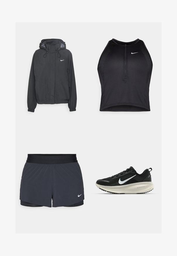 Jachetă de vânt cu glugă neagră, confecționată din material ușor, cu manșete elastice, glugă cu șnur și un mic logo alb pe piept.; Top sportiv black, cu croială scurtă, cu fermoar în față, accente din plasă și un design ajustat. Fabricat dintr-un material elastic și respirabil. Logo-ul Nike pe față.; Shorts atletici negri, cu un elastic la talie, având un design stratificat și un mic logo alb Nike în partea stângă jos. Material ușor.; Pantofii de alergare negri de la Nike, cu parte superioară din plasă respirabilă, logo-ul alb Swoosh, detalii texturate și o talpă intermediară ZoomX de culoare crem.