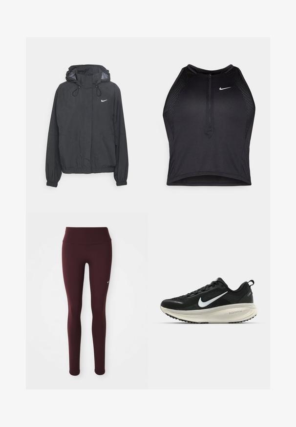 Svart hettejakke laget av lett materiale som har elastiske mansjetter, snøring i hetten og en liten hvit logo på brystet.; Svart idretts crop top med glidelås foran, mesh-detaljer og en figurvennlig design. Laget av elastisk, pustende materiale. Nike-logo på forsiden.; Burgunderfargede treningsleggings med høy midje, kroppsnær passform og liten hvit logo på venstre ben. Glatt stoff tekstur.; Svart Nike løpesko med pustende mesh-overdel, hvit swoosh-logo, teksturert detaljer og en kremfarget ZoomX mellomsåle.