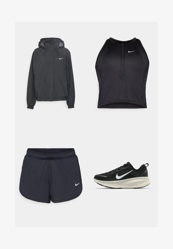 Giacca a vento nera con cappuccio, realizzata in materiale leggero, con polsini elasticizzati, cappuccio regolabile tramite cordino e un piccolo logo bianco sul petto.; Top corto atletico nero con zip frontale, dettagli in rete e un design aderente. Realizzato in tessuto elasticizzato e traspirante. Logo Nike sul davanti.; Pantaloncini sportivi neri realizzati in tessuto leggero e traspirante. Caratterizzati da una vita elastica e dal logo Nike bianco sul lato inferiore destro.; Scarpa da corsa nera Nike con tomaia in rete traspirante, logo Swoosh bianco, dettagli testurizzati e intersuola ZoomX di colore crema.