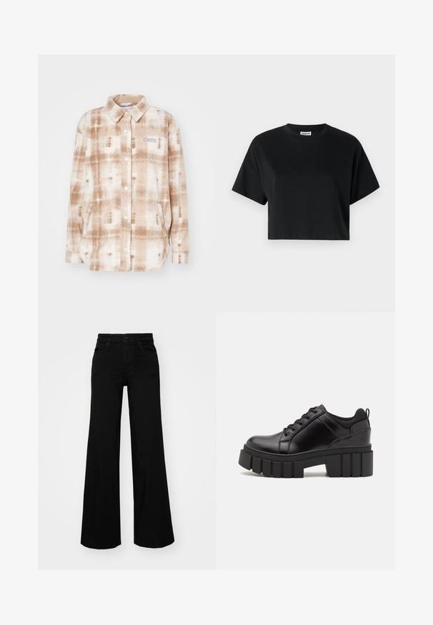 Bézs és fehér kockás mintás polár ingdzseki. Gallérral, gombos záródással, két elülső zsebbel és logóval a mellen.; Fekete, rövid ujjú, átlátszó szabású póló kerek nyakkivágással, sima pamut anyagból készült, minimális dizájnú és diszkrét varrási részletekkel.; Fekete, bő szárú farmernadrág, amelynek állítható derékrésze van, övhurkokkal és elülső zsebekkel. Simaság jellemzi, klasszikus dizájnnal.; Fekete bőr platform cipők vaskos blokk sarkakkal, kerek orral és hagyományos fűzős kialakítással. Simára csiszolt felület és minimális részletezés jellemzi.
