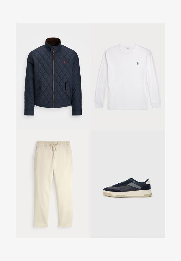 Laivaston sininen tikattu takki, jossa on korkea kaulus, vetoketjukiinnitys, kaksi nappitaskua ja pieni punainen emblem rinnassa. Pehmeä pinta.; Valkoinen pitkähihainen T-paita, joka on valmistettu puuvillasta. Ominaisuuksiin kuuluu pyöreä kaula-aukko, ribbireunat ja pieni tummansininen polo-logo vasemmassa rinnassa.; Valkoiset rento housut, joissa on joustava vyötärö ja nyörikiristys, suorat lahkeet ja sivutaskut yksinkertaista taustaa vasten.; BOSS BALTIMORE - Matalavartiset tennarit - open blue