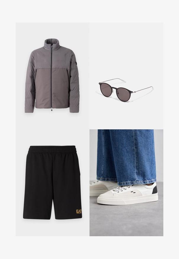 Szara ocieplana kurtka z wysokim kołnierzem, zamkiem błyskawicznym z przodu, dwoma kieszeniami na zamek błyskawiczny oraz kontrastowym wzorem górnej części.; Biała bawełniana koszulka z okrągłym dekoltem i krótkimi rękawami, z nadrukowanym z przodu złotym logo EA7 Emporio Armani.; Czarne sportowe szorty wykonane z miękkiego materiału, z elastycznym paskiem w talii oraz małym, żółtym logo EA7 na dolnej lewej nodze.; Białe i czarne sneakersy z gładką skórzaną cholewką, teksturowanymi akcentami oraz masywną białą podeszwą. Posiadają klasyczny system sznurowania.; Czarne okrągłe okulary przeciwsłoneczne z ciemnymi soczewkami i smukłymi metalowymi ramkami. Zawierają przezroczyste końcówki zauszników oraz srebrne akcenty przy zawiasie. Minimalistyczny design.