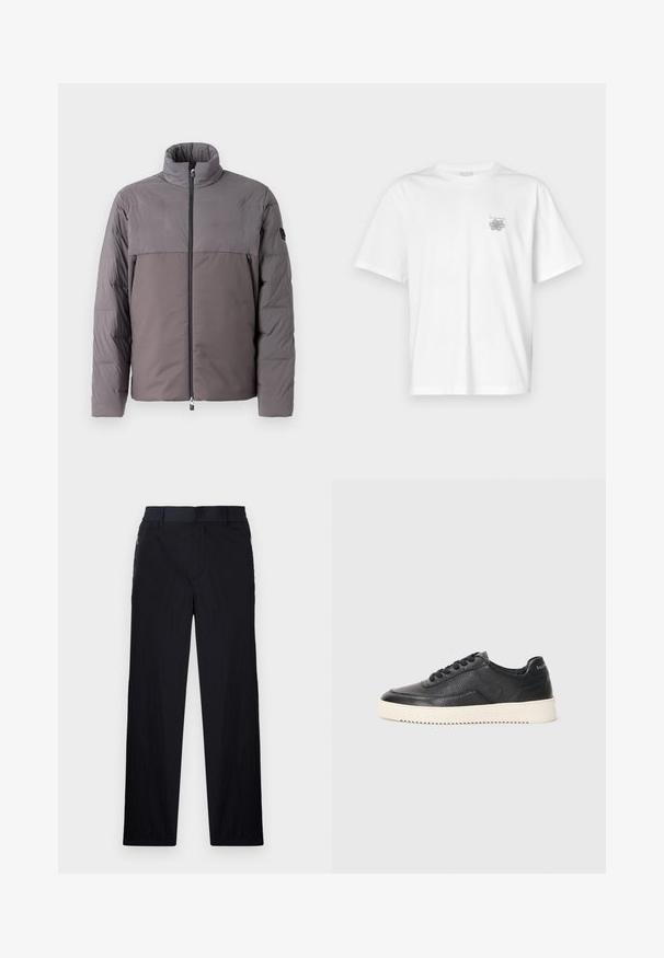 Pilkas paminkštintas švarkas su aukštu apykakle, priekyje užtrauktuku, dviem užtrauktukais užsidarančiomis kišenėmis ir kontrastingo viršutinio skydelio dizainu.; Balta medvilninė marškinėlių, su trumpomis rankovėmis, apykaklė nei per aukšta, nei per žema, ir mažas pilkas logotipas kairėje krūtinės pusėje. Lygi tekstūra.; Juodos kelnės, pagamintos iš lengvos tekstūruotos medžiagos, tiesaus silueto, su elastingu juosmeniu ir šoniniais užtrauktukų kišenėmis.; Juoda odinė sportinė avalynė su tekstūruotu paviršiumi, apvaliu nosiu ir plokščiu baltu guminiu padu. Yra juodi raišteliai ir ženklinimas ant kulno.