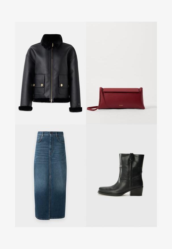 Fekete bőrkabát műszőrme gallérral, cipzáras záródással, aranyszínű részletekkel és két elülső zsebbel, rövid szabású dizájnnal és puha textúrával.; Fehér, rövid ujjú blúz, kék virágos hímzéssel, kerek nyakkivágással és bonyolult mintákkal az elején és az ujjakon.; Sötét indigókék farmer midi szoknya, elülső hasítékkal és enyhe kopással. Klasszikus öt zsebes dizájn fém gombos záródással.; Fekete bőr bokacsizma lekerekített orral, blokk sarkúval, oldalsó cipzárral és varrásos díszítéssel az elején. Simább textúra, klasszikus dizájn.; Piros bőr klutcs táska textúrázott felülettel, lapos hajtogatott tetejével és rövid pánttal. Diszkrét márkájú logó elöl.