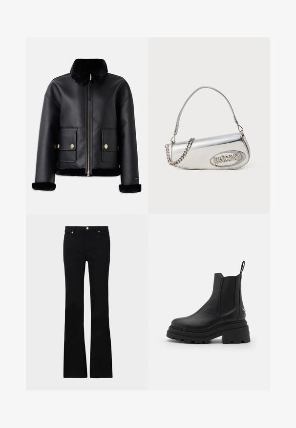 Black leather jacket with a faux fur collar, zip closure, gold hardware, and two front pockets, featuring a cropped design and soft texture.; Gray ribbed tank top with a fitted design, wide armholes, and a rounded neckline. Made from soft cotton fabric with a smooth texture.; Black flared jeans made of denim, featuring two front pockets, a button closure, and a smooth texture. Signature stitching visible at seams.; Black chelsea boots made of smooth leather with elastic side panels, a thick, ridged rubber sole, and a pull tab at the back.; Silver metallic handbag with a rounded triangular shape, featuring a logo, chain strap, and smooth texture. Zipper closure on the side.