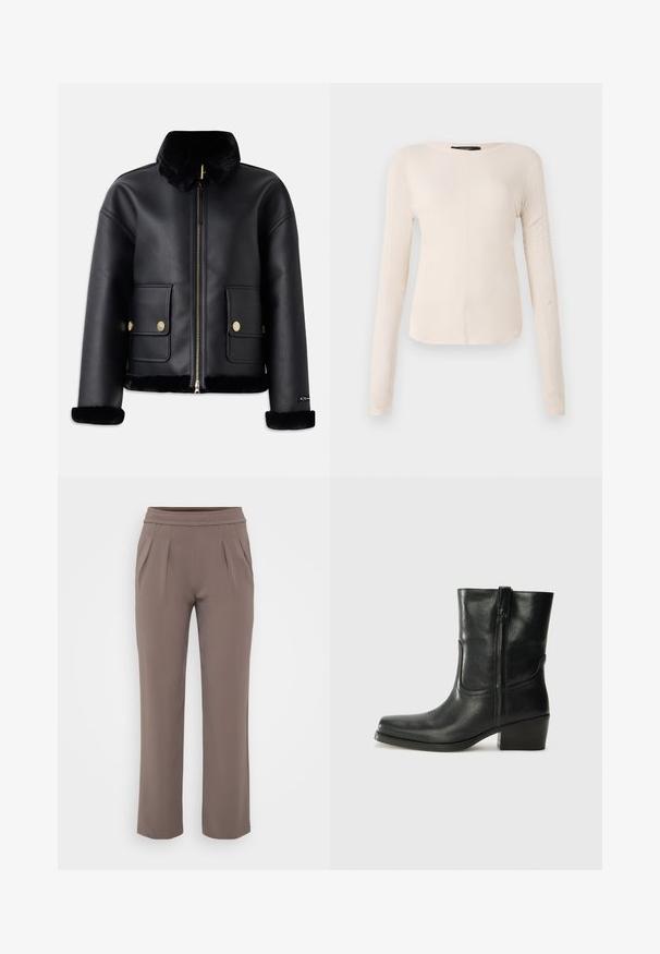 Czarna skórzana kurtka z sztucznym futrem przy kołnierzu, zapinana na zamek, z złotymi detalami oraz dwoma przednimi kieszeniami, o krótkim kroju i miękkiej teksturze.; Długi rękaw, jasnobeżowa bluzka z okrągłym dekoltem. Wykonana z miękkiego materiału, posiada centralny szew oraz lekko zaokrąglony dół. Brak widocznych elementów metalowych.; Sukienki w kolorze taupe o luźnym kroju, z elastycznym paskiem w talii i fałdami z przodu, wykonane z gładkiego materiału.; Czarne skórzane botki za kostkę z okrągłym noskiem, słupkowym obcasem, bocznym zamkiem i przeszyciami na cholewce. Gładka tekstura, klasyczny design.