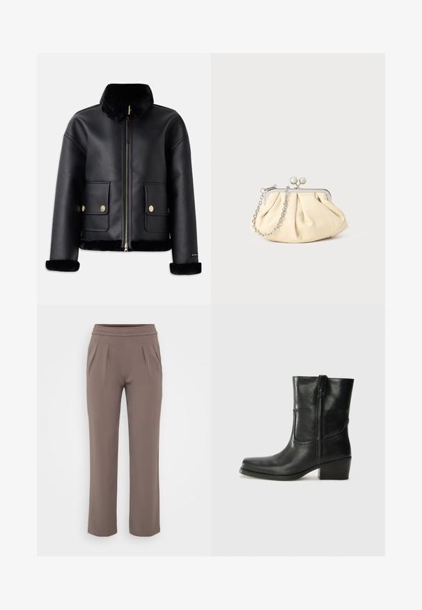 Černá kožená bunda s límcem z umělé kožešiny, se zipem, zlatými detaily a dvěma předními kapsami, s cropped designem a měkkou texturou.; Dlouhý rukáv, světle béžový top s kulatým výstřihem. Vyrobeno z jemné látky, má středový šev a mírně zaoblený lem. Bez viditelné kovové úpravy.; Taupe volné kalhoty s elastickým pasem a předními záhyby, vyrobené z hladkého materiálu.; Černá kožená kotníková bota s kulatou špičkou, blokovým podpatkem, bočním zipem a prošíváním na svršku. Hladký povrch, klasický design.; Plisovaná béžová kožená kabelka na psaní s rámem ze stříbrného kovu, vybavená dvěma kulatými dekorativními uzávěry a stříbrným řetízkem.