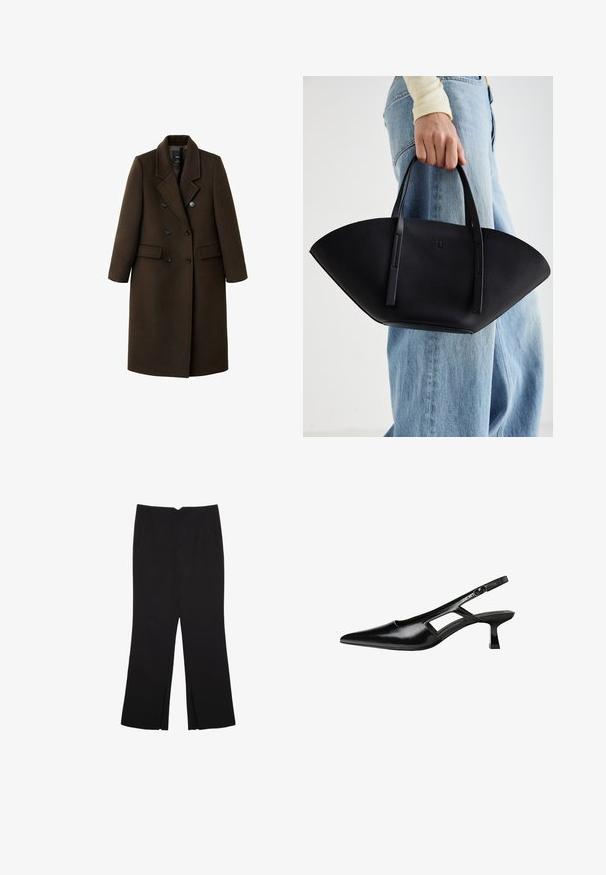 Smešani smeđi kaput od vune s dvostrukim kopčanjem, izrezom na reveru, dva prednja džepa i akcentima s gumbima. Dugi rukavi i kaput srednje dužine.; Crna pletena dugoslojna majica sa podloženim ramenima i rebrastim manžetama i rubom, prikazana na bijeloj pozadini.; Crne hlače ravnog kroja, s prednjim džepovima i bočnim prorezima na rubu. Izrađene od mekog i glatkog materijala. Pogodne za razne prigode.; Crne lakirane natikače na remenčić sa špicastim nosom, dizajnom sa izrezima sa strane i malim kvadratnim potplatom. Glatka tekstura s minimalnim akcentima.; Crna kožna torba jedinstvenog oblika ventilatora, s ravnim ručkama. Površina ima teksturu sličnu šljunku i minimalistički dizajn.