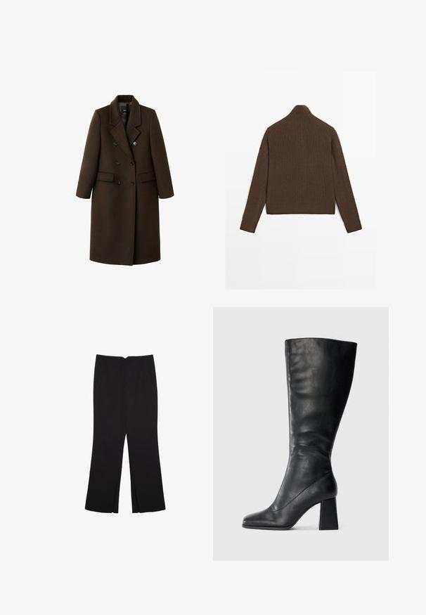 Manteau en mélange de laine marron avec un design croisé, des revers en pointe, deux poches avant et des accents de boutons. Manches longues et coupe mi-longue.; Pull en maille côtelée marron avec des manches longues et un col haut, présenté de dos sur fond blanc.; Pantalon noir avec une coupe droite, doté de poches avant et d'éclairs sur l'ourlet. Fabriqué en tissu doux et lisse. Convient à diverses occasions.; Botte en cuir noire, montant jusqu'au genou, avec un bout pointu et un talon carré, sur un fond uni clair.