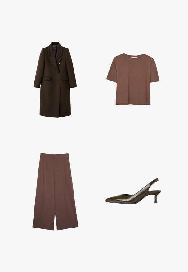 Cappotto in misto lana marrone con design doppiopetto, revers a punta, due tasche frontali e dettagli con bottoni. Maniche lunghe e lunghezza intermedia.; Maglietta a maniche corte marrone realizzata in tessuto morbido, con scollatura rotonda e vestibilità rilassata. Nessun motivo o dettaglio visibile.; Pantaloni ampi marroni con una texture liscia, caratterizzati da una vita alta e pieghe frontali. Il tessuto è leggero e scorre liberamente.; Pump slingback verde oliva con punta affusolata e tacco basso e sottile. Texture lucida con una finitura leggermente crinkled.